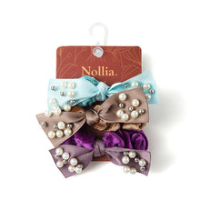 Load image into Gallery viewer, Nollia 3-Pack Shiny Velvet Scrunchie Set with Pearl Ribbon – Elegant Hair Accessories