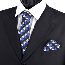 Load image into Gallery viewer, Umo Lorenzo Charcoal/Blue Geometric & Solid Tie with Matching Hanky Gift Box Set – 4pc Men’s Formal Accessory Set