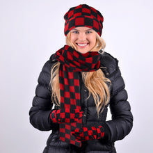 Load image into Gallery viewer, Nollia Women’s Fleece Red & Black Checkered Winter Hat, Scarf & Gloves Set