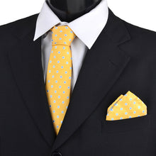 Load image into Gallery viewer, Umo Lorenzo Dotted & Solid Yellow Tie with Matching Hanky Gift Box Set – 4pc Polyester Formalwear Set