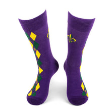 Load image into Gallery viewer, Parquet Men’s Mardi Gras Novelty Crew Socks – Purple with Green & Yellow Design