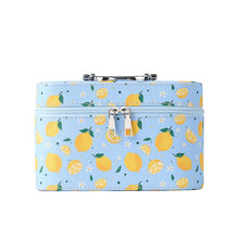 Load image into Gallery viewer, Nollia Medium Lemon Print Makeup Train Case – Blue Cosmetic Organizer with Mirror & Handle for Travel or Home
