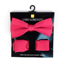 Load image into Gallery viewer, Umo Lorenzo Poly Satin Banded Bow Tie & Hanky Set – 22 Color Options