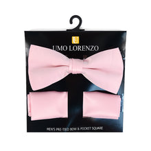 Load image into Gallery viewer, Umo Lorenzo Poly Satin Banded Bow Tie & Hanky Set – 22 Color Options