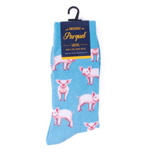 Load image into Gallery viewer, Parquet Men’s Pink Pig Novelty Crew Socks – Light Blue