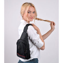 Load image into Gallery viewer, Black Nylon Sling Bag with Red Lining and Zipper Compartments