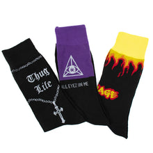 Load image into Gallery viewer, Parquet Men’s 90s Rap Themed 3-Pack Novelty Crew Socks – Mixed Colors