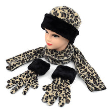 Load image into Gallery viewer, Nollia Women’s Fleece Leopard Print with Fur Trim Winter Hat, Scarf & Gloves Set
