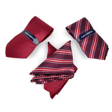 Load image into Gallery viewer, Umo Lorenzo Burgundy Striped & Solid Tie with Matching Hanky Gift Box Set – 4pc Men’s Formal Accessory Set