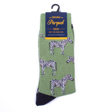 Load image into Gallery viewer, Parquet Men’s Wild Zebra Novelty Crew Socks – Light Green & Black