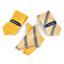 Load image into Gallery viewer, Umo Lorenzo Yellow Striped & Solid Tie with Matching Hanky Gift Box Set – 4pc Formal Accessory Collection