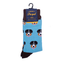 Load image into Gallery viewer, Parquet Men’s Australian Shepherd Novelty Crew Socks – Light Blue & Brown