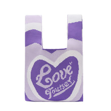 Load image into Gallery viewer, Nollia Mini Knit Tote Bag with purple concentric heart design