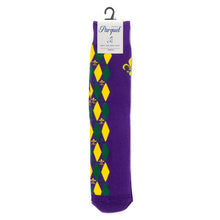Load image into Gallery viewer, Parquet Men’s Mardi Gras Novelty Crew Socks – Purple with Green & Yellow Design