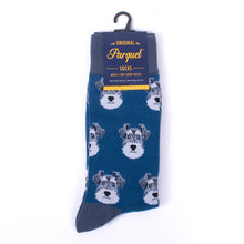 Load image into Gallery viewer, Parquet Men’s Grey Schnauzer Novelty Crew Socks – Royal Blue & Dark Grey