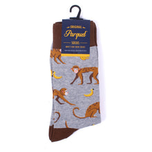 Load image into Gallery viewer, Parquet Men’s Monkey & Banana Novelty Crew Socks – Grey & Brown
