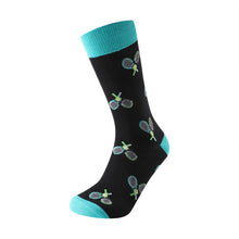 Load image into Gallery viewer, Parquet Men’s Tennis Racket Novelty Crew Socks – Black & Teal
