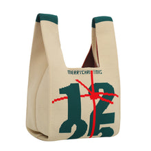 Load image into Gallery viewer, Beige Christmas tote bag featuring green numbers and red bow