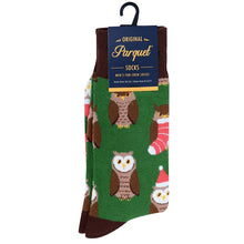 Load image into Gallery viewer, Parquet Men’s Holiday Owl Novelty Crew Socks – Green & Brown