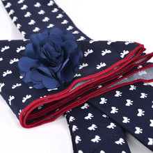 Load image into Gallery viewer, Feraricci Men's Navy Petite Bows Cotton Skinny Tie Gift Set – Includes Pocket Square & Lapel Flower