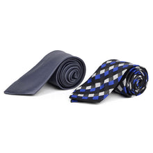 Load image into Gallery viewer, Umo Lorenzo Charcoal/Blue Geometric & Solid Tie with Matching Hanky Gift Box Set – 4pc Men’s Formal Accessory Set