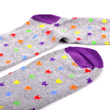 Load image into Gallery viewer, Parquet Men’s Rainbow Stars Novelty Crew Socks – Gray or Blue with Rainbow Cuff