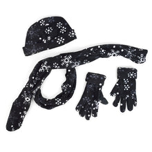 Load image into Gallery viewer, Nollia Women’s Black Fleece Snowflake Winter Hat, Scarf & Gloves Set