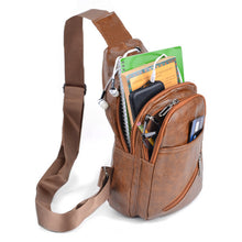 Load image into Gallery viewer, Brown Vegan Leather Crossbody Sling Bag - Multi-Pocket, Hands-Free Earphone Hole