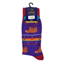 Load image into Gallery viewer, Parquet Men’s Brown Bear Fun Novelty Crew Socks – Purple or Light Blue