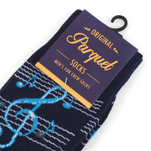 Load image into Gallery viewer, Parquet Men’s Music Notes Novelty Crew Socks – Navy or Black