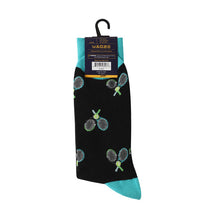 Load image into Gallery viewer, Parquet Men’s Tennis Racket Novelty Crew Socks – Black & Teal