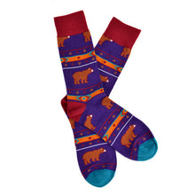 Load image into Gallery viewer, Parquet Men’s Brown Bear Fun Novelty Crew Socks – Purple or Light Blue