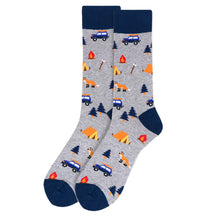 Load image into Gallery viewer, Parquet Men’s Camping Pattern Novelty Crew Socks – Gray or Green