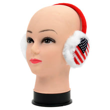 Load image into Gallery viewer, American Flag Knit Winter Ear Muffs with White Fur Trim – Adjustable Over-the-Head Design
