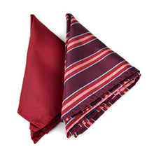 Load image into Gallery viewer, Umo Lorenzo Burgundy Striped & Solid Tie with Matching Hanky Gift Box Set – 4pc Men’s Formal Accessory Set