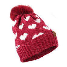 Load image into Gallery viewer, Nollia Women’s 2-Piece Reversible Hearts Knit Pom Hat & Infinity Scarf Set