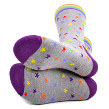Load image into Gallery viewer, Parquet Men’s Rainbow Stars Novelty Crew Socks – Gray or Blue with Rainbow Cuff