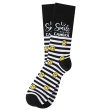 Load image into Gallery viewer, Parquet Men’s “Smile You’re on Camera” Novelty Crew Socks – Black