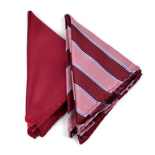 Load image into Gallery viewer, Umo Lorenzo Burgundy Big Striped & Solid Tie with Matching Hanky Gift Box Set – 4pc Formal Polyester Accessory Set