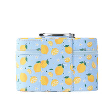 Load image into Gallery viewer, Nollia Medium Lemon Print Makeup Train Case – Blue Cosmetic Organizer with Mirror & Handle for Travel or Home