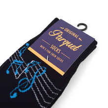 Load image into Gallery viewer, Parquet Men’s Guitar & Music Notes Novelty Crew Socks – Black or Navy