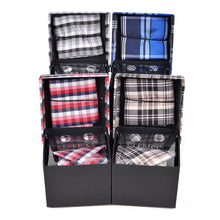 Load image into Gallery viewer, Clericci 12pc Plaid Poly Woven Tie, Hanky & Cufflink Gift Set – Assorted Prepack in Matching Fabric Boxes