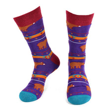 Load image into Gallery viewer, Parquet Men’s Brown Bear Fun Novelty Crew Socks – Purple or Light Blue