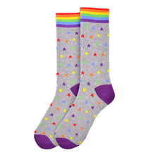 Load image into Gallery viewer, Parquet Men’s Rainbow Stars Novelty Crew Socks – Gray or Blue with Rainbow Cuff