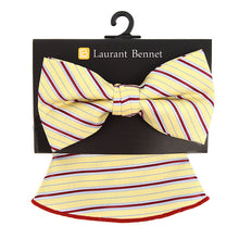 Load image into Gallery viewer, Laurant Bennet Striped Banded Bow Tie & Matching Hanky Pocket Round Set