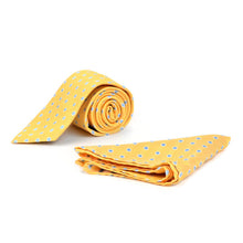 Load image into Gallery viewer, Umo Lorenzo Dotted & Solid Yellow Tie with Matching Hanky Gift Box Set – 4pc Polyester Formalwear Set