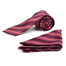 Load image into Gallery viewer, Umo Lorenzo Burgundy Striped & Solid Tie with Matching Hanky Gift Box Set – 4pc Men’s Formal Accessory Set