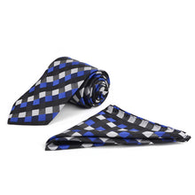 Load image into Gallery viewer, Umo Lorenzo Charcoal/Blue Geometric & Solid Tie with Matching Hanky Gift Box Set – 4pc Men’s Formal Accessory Set