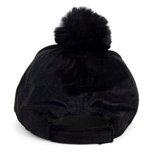 Load image into Gallery viewer, Black Velour Baseball Cap with Faux Fur Pom Pom – Adjustable | 3 Pom Colors
