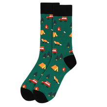 Load image into Gallery viewer, Parquet Men’s Camping Pattern Novelty Crew Socks – Gray or Green